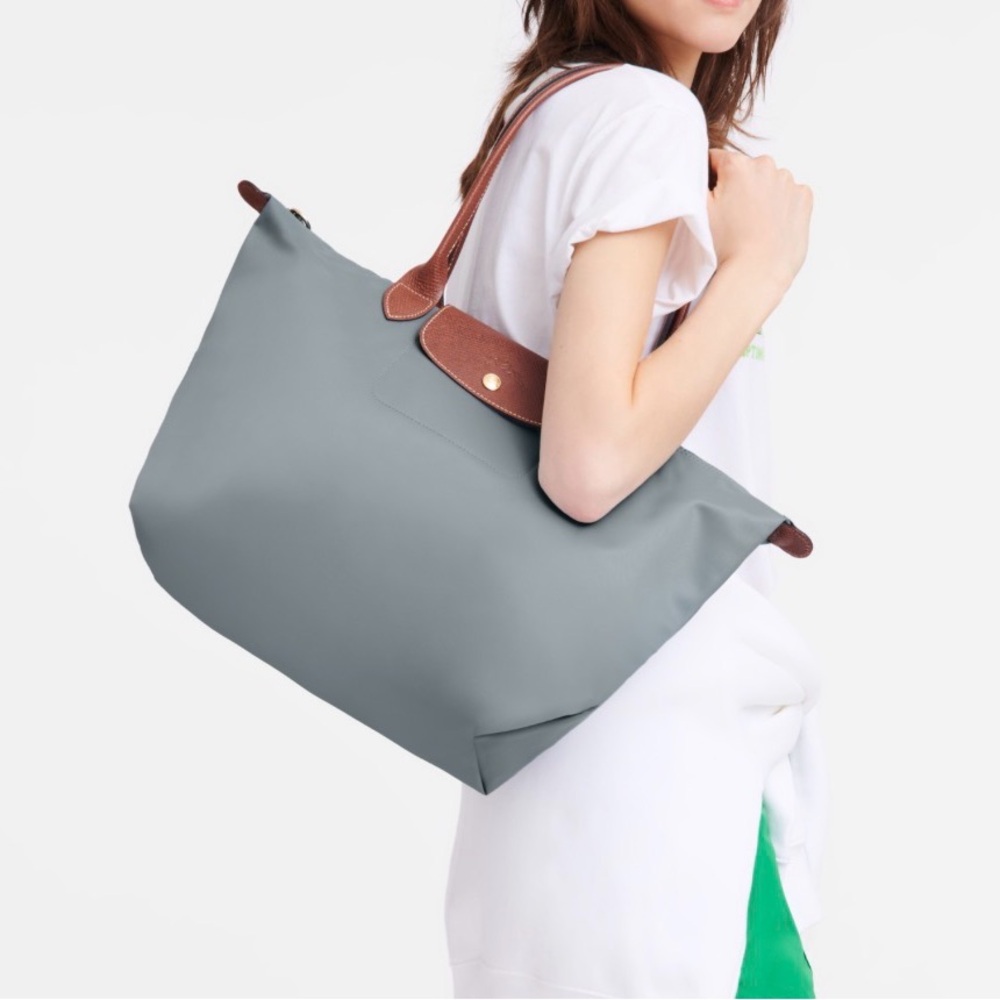 Longchamp Le Pliage Large Steel Gray and Brown Tote Bag with luggage tag